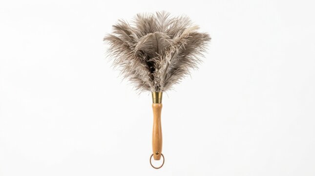 Traditional feather duster with wooden handle isolated on clean white studio background view