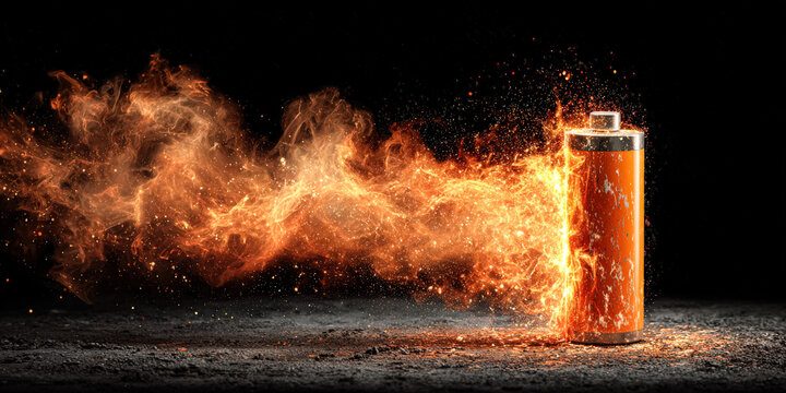 Lithium battery engulfed in flames against a dark background. High detail digital illustration. Suitable for safety warnings, educational materials, and energy related content.