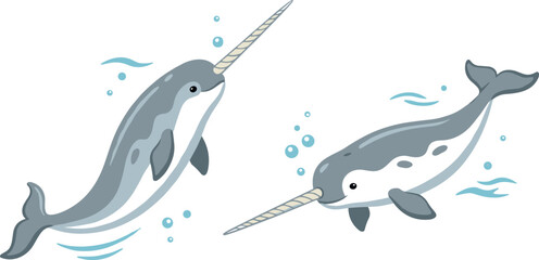 Cute Narwhal Vector Illustration Set Featuring Horned Arctic Whales Swimming Underwater with Bubbles for Kids Books Ocean Pattern Designs and Sea Wildlife GraphicsCute Narwhal Vector Illustration Set  © MST