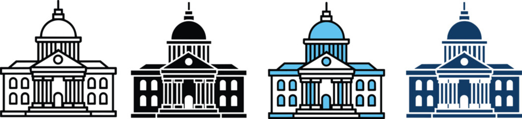 Government capitol building icon set representing authority law courthouse museum library and banking architecture style flat line vector illustration © Yesrath Hasan Sobuj