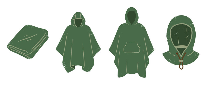 Green camping poncho illustration set featuring hooded rain gear, with folded and pocket versions, for outdoor protection and hiking survival
