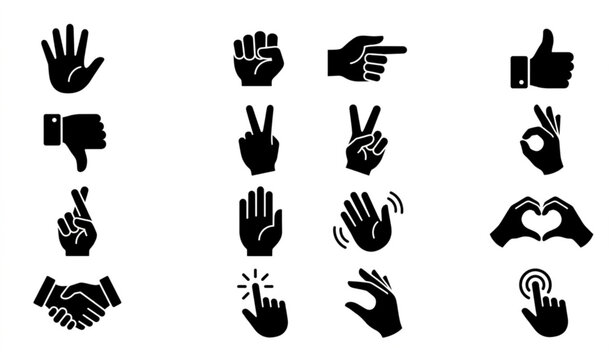 Monochrome hand icon collection with human gestures fingers communication and touch control symbols vector illustration