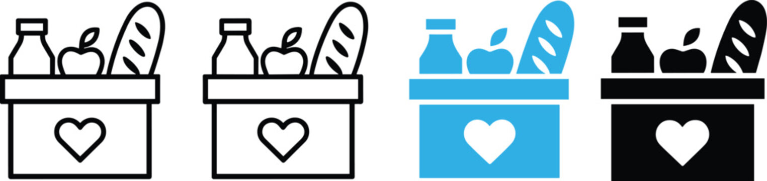 Food donation box icon set containing grocery items charity care packaging distribution concept outline glyph flat style vector illustration