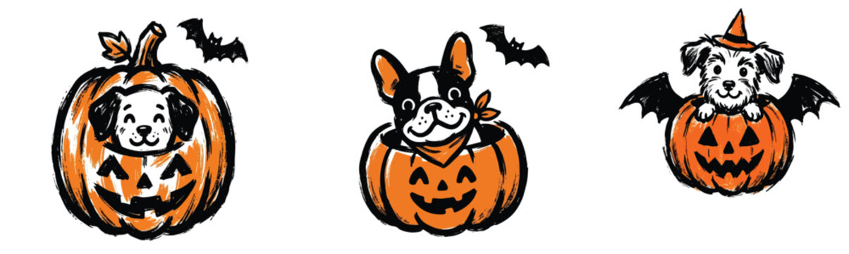 This vector illustration features a set of three cute cartoon puppies playfully peeking out of carved Halloween jack-o'-lantern pumpkins accompanied by small flying bats