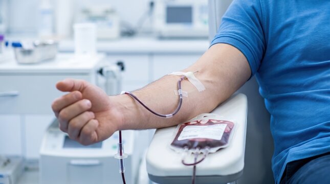 A person sits in a chair at a donation center with a blood bag on their side and a needle in their arm. It is a common health event where blood is collected