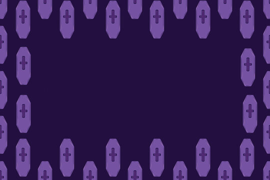 Spooky Halloween purple frame background with coffin and cross pattern border vector