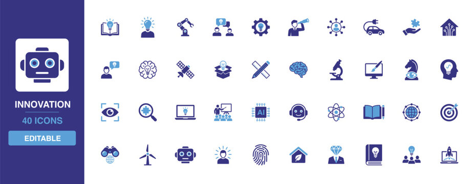 Modern innovation and creative development icon set showcasing forward thinking strategies, advanced technical processing, green power energy and startup project development.