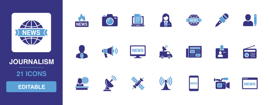 Journalism and public news broadcasting icon set containing media reporting microphones, live television cameras, digital press feeds and publishing newspaper glyph designs.