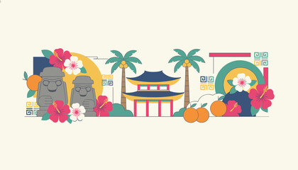 Naklejka premium Beautiful travel banner of Jeju Island featuring stone statues, a traditional temple, palm trees, and hibiscus flowers.