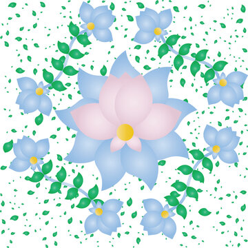 Soft Pastel Lotus Blossom Surrounded by Decorative Blue Floral Vines and Green Leaves on a White Background