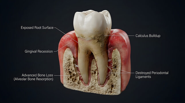Medical diagram illustrating advanced bone loss and destroyed periodontal ligaments around a tooth with exposed root surface.
