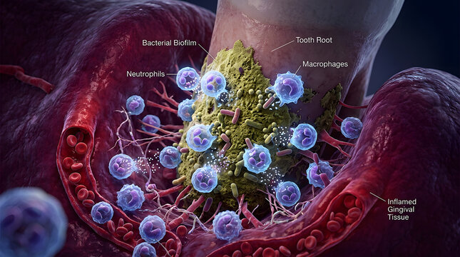 Microscopic visualization of bacteria and immune cells on tooth root
