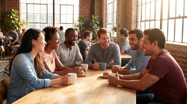 Group of friends drinking coffee and talking in cafe.