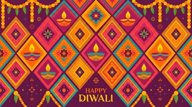 Colorful Geometric Happy Diwali Banner With Diya Mandala Pattern And Marigold Garland 