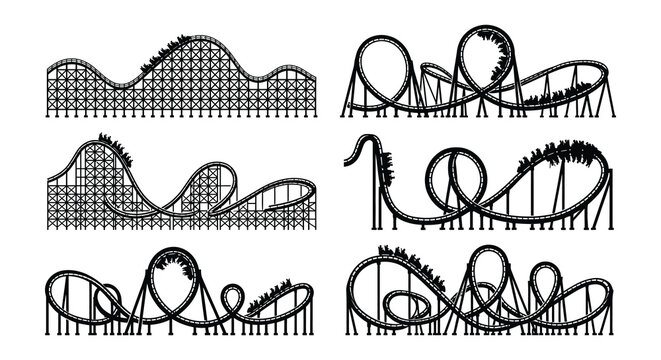 Roller coaster illustrations black and white vector designs on a white background