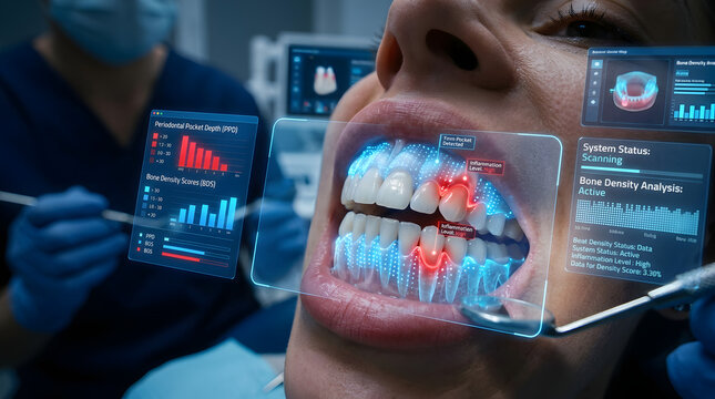 Futuristic dental scan showing tooth and bone density