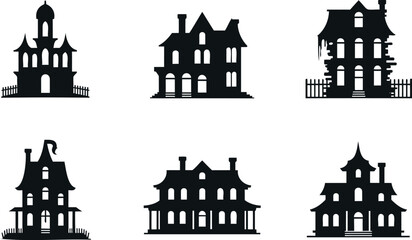 Collection of six haunted house silhouettes in various architectural styles on white background © Kahima