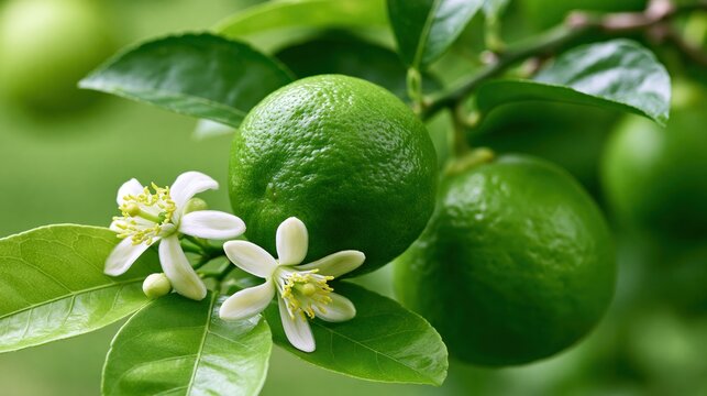 Close-up of vibrant green limes growing on a branch with delicate white blossoms
