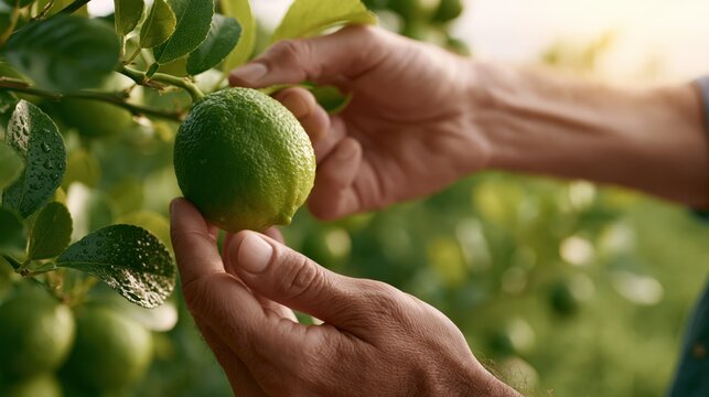 Hands carefully picking a ripe green lime from a citrus tree branch
