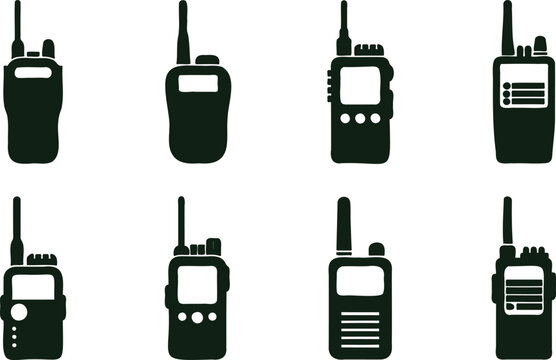 Collection of walkie talkie devices in various designs and shapes  communication tools