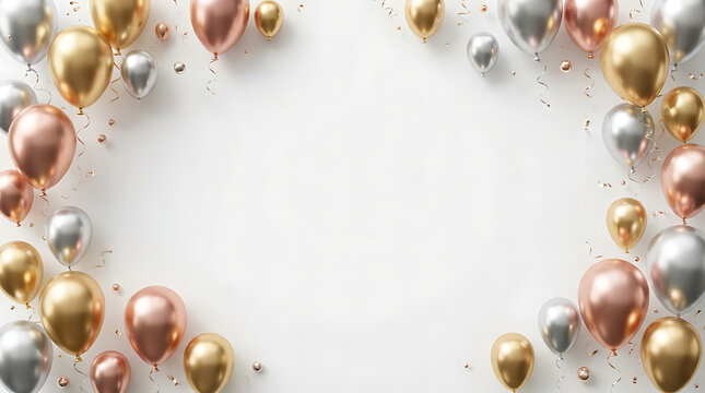 Golden silver and rose gold balloons on white background template for celebrations