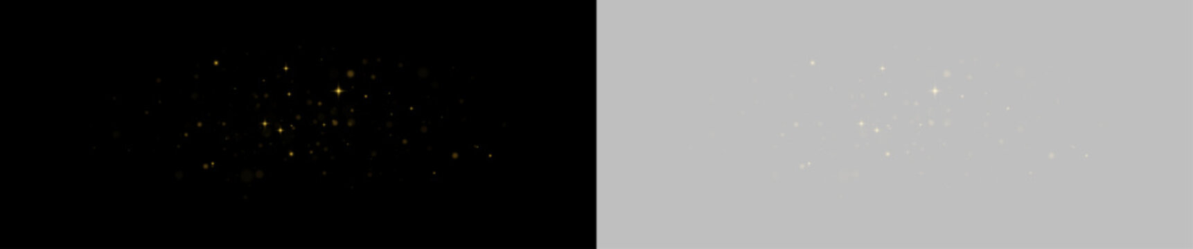 Twinkling star for festive Christmas design overlays. Golden glitter sparkles with magical fairy dust effect. Bright bokeh highlights and floating particles. Vector illustration png.