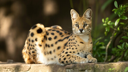 Obraz premium Serval cat resting on stone wall with green foliage background
