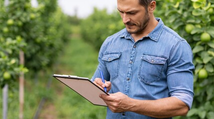 Fototapeta premium Farmer inspecting organic lime trees and reviewing certification documents in orchard