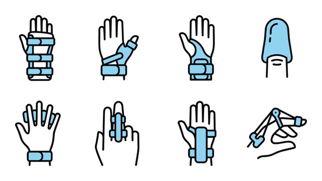 Medical hand splint icons set, line art illustrations with blue accents for healthcare education, orthopedic rehabilitation, and clinical reports