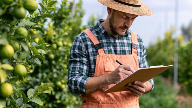 Farmer reviewing organic lime certification paperwork in the orchard