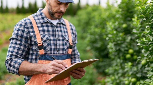 Farmer inspecting organic lime trees and taking notes on a clipboard
