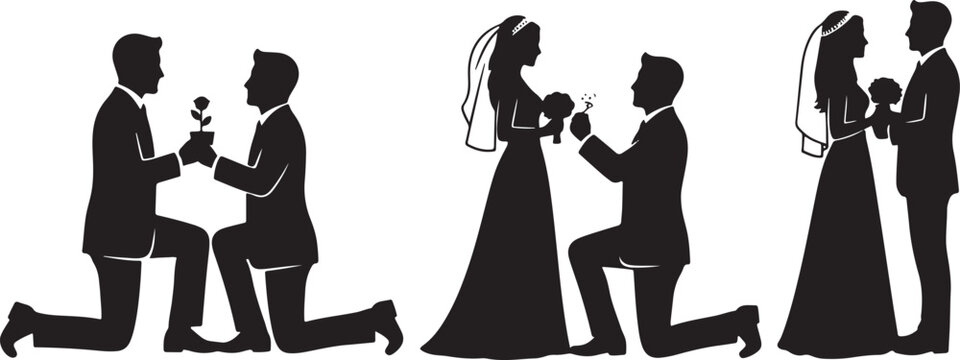 Wedding proposals and celebrations silhouettes couple engagement proposal proposing marriage love event.