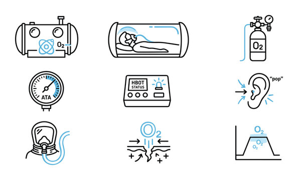 Minimalist dual-color vector icons for hyperbaric oxygen therapy, illustrating pressure, O2 delivery