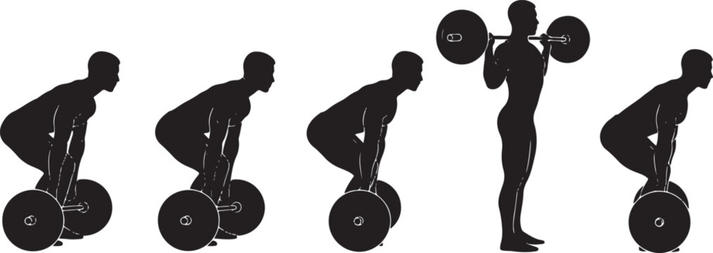 Weightlifting and deadlift workout black silhouettes, men exercising with barbell in gym vector graphics.