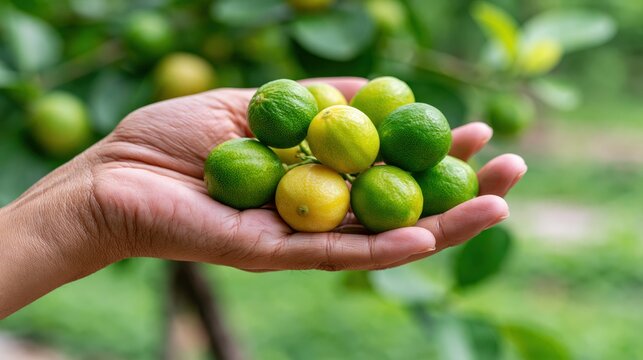 Hand holding a cluster of freshly picked key limes on a tree branch