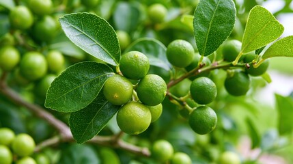 Fototapeta premium Tiny green key limes clustered on branches with vibrant leaves in sunlight