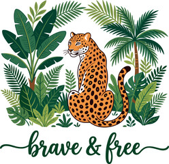 Wild cheetah mascot graphic design with botanical jungle foliage elements and inspirational text quote for trendy kids t-shirt print and poster background vector © Md. Ashik Hossain