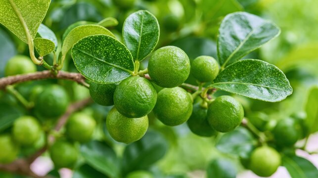 Vibrant green key limes clustered on branches with lush foliage in sunlight