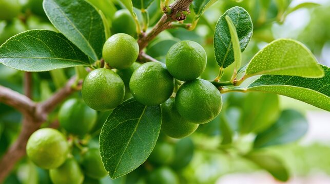 Tiny round green key limes clustered on branches with vibrant leaves