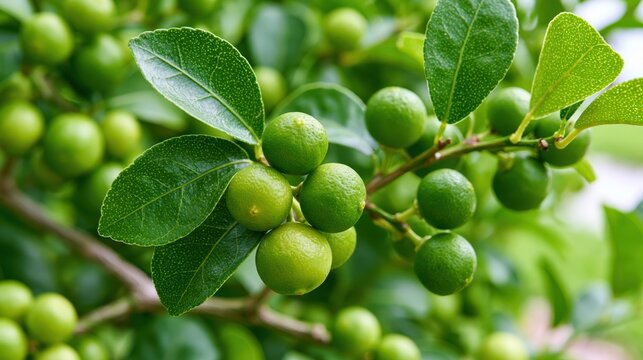 Tiny green key limes clustered on branches with vibrant leaves in sunlight