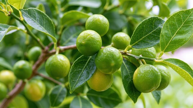 Close-up of a key lime tree branch with clusters of small, round green fruit
