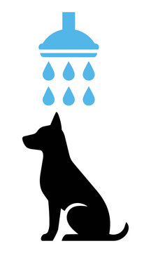 Minimalist silhouette of a sitting dog under a circular shower head with falling water droplets pet grooming and hygiene concept