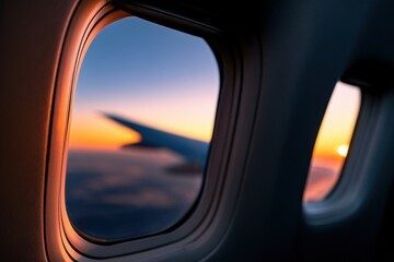Naklejka premium Airplane window view showing a sunset sky. Perfect for travel advertising and vacation inspiration themes.