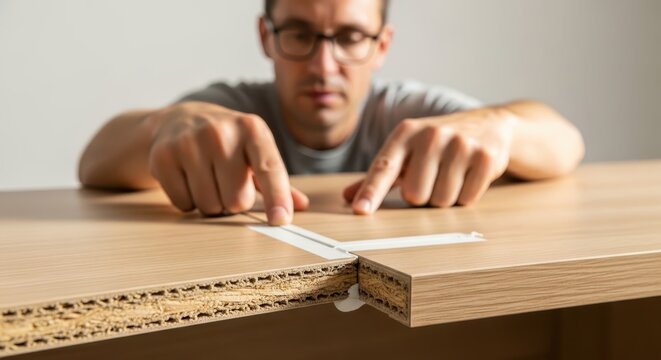 Close-up of Man Assembling Wooden Furniture, Focusing on the Particle Board Joint and Connector