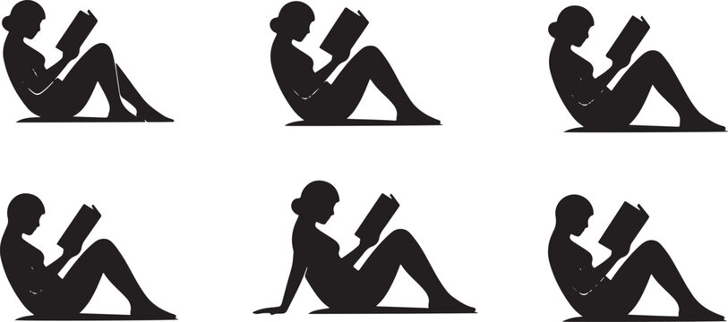 Woman sitting and reading book silhouette collection for library bookstore education and hobby leisure concept.