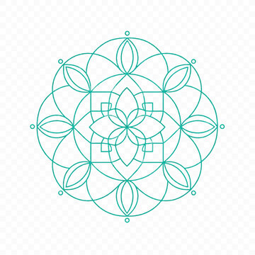 Intricate sacred geometry floral mandala created with overlapping circles and symmetrical petals. Clean minimalist line art ideal for yoga, meditation, wellness, logos