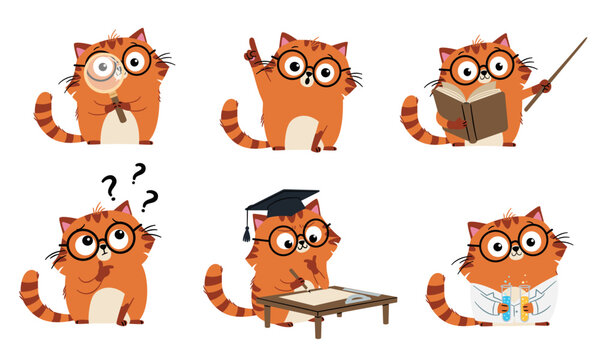 A collection of cute vector illustrations in a simple, childlike style. A cute orange cat wearing a graduation cap is solving math problems, writing letters, and teaching. In various poses. Vector