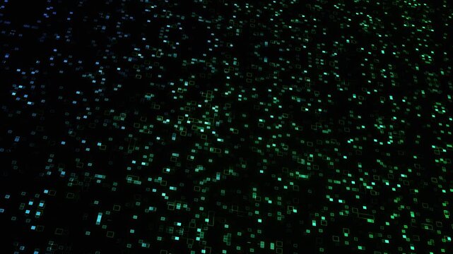 Glowing teal squares on black background. Abstract data flow and binary network visualization for modern server technology information.