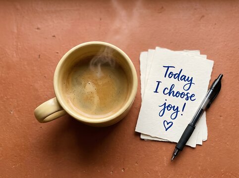 Hot coffee cup beside a handwritten note saying today i choose joy on table