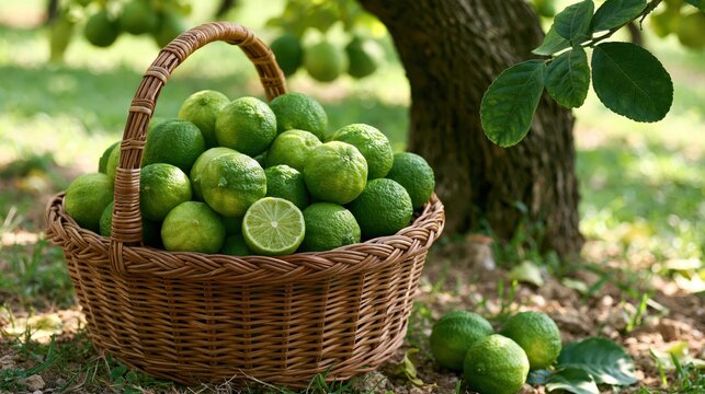 Wicker basket brimming with fresh green limes harvested from a citrus tree